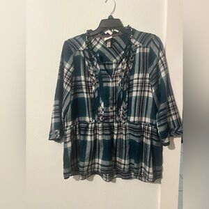 Knox Rose Women's Plus XXL Sleeves V-Neck Flannel Fall plaid Peplum Top Green